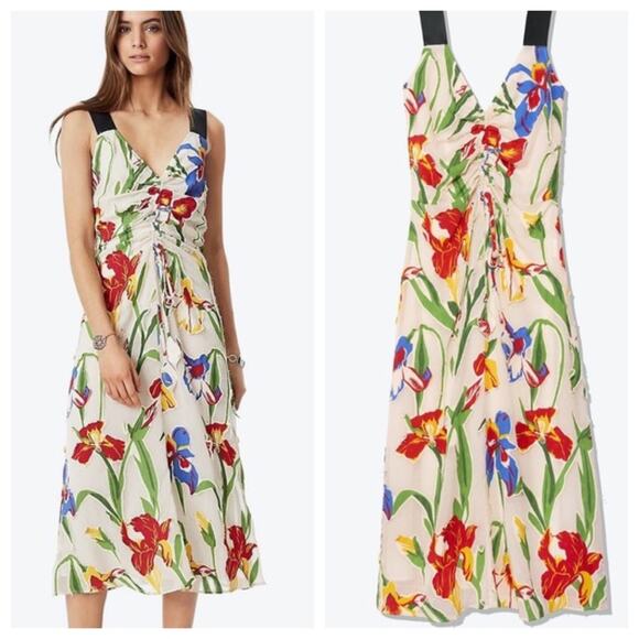 $898 TORY BURCH NWT RUNWAY Authentic Chiffon Iris Blue Cream Red Floral Dress 4 - Picture 2 of 15